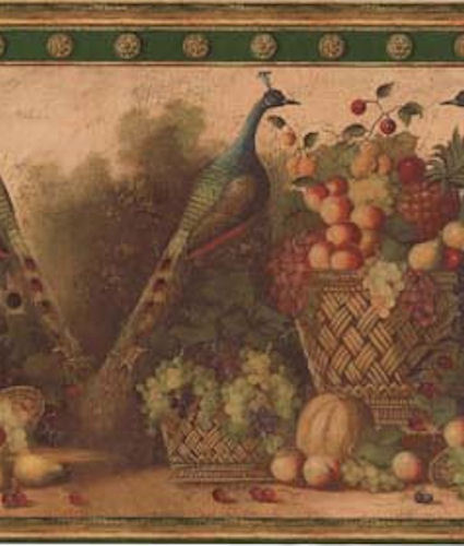 Raymond Waites Peacock With Fruit Basket Window Wallpaper Border