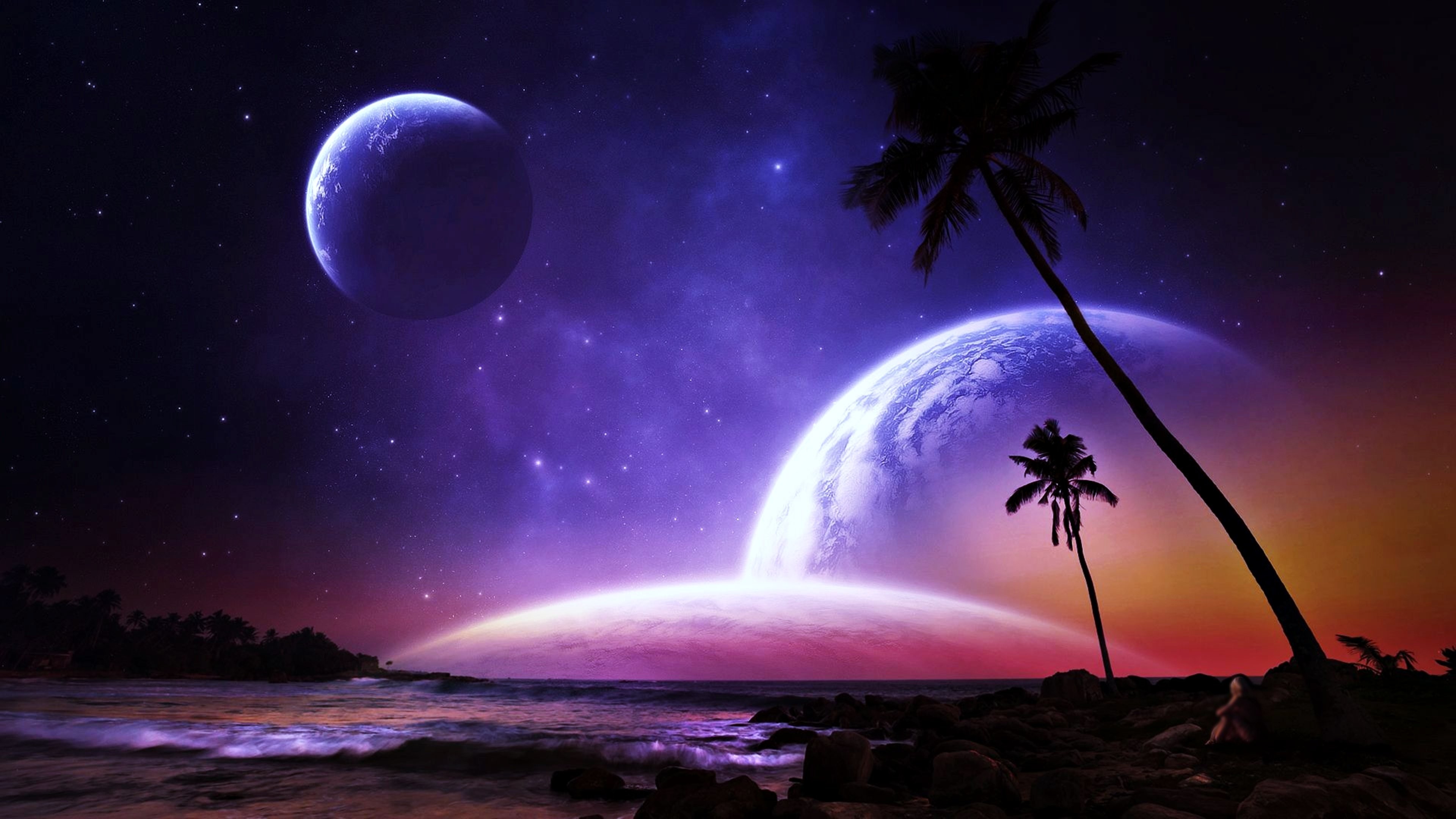 A breathtaking view of an alien beach at sunset with two large planets in the sky