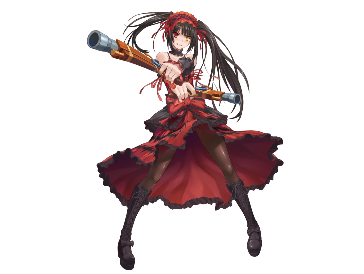 Kurumi Tokisaki Anime Pistol Girl Black Hair Red Dress HD Wallpaper
