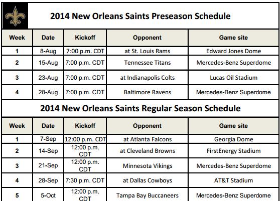 Saints 2014 Schedule Saints schedule for 2014