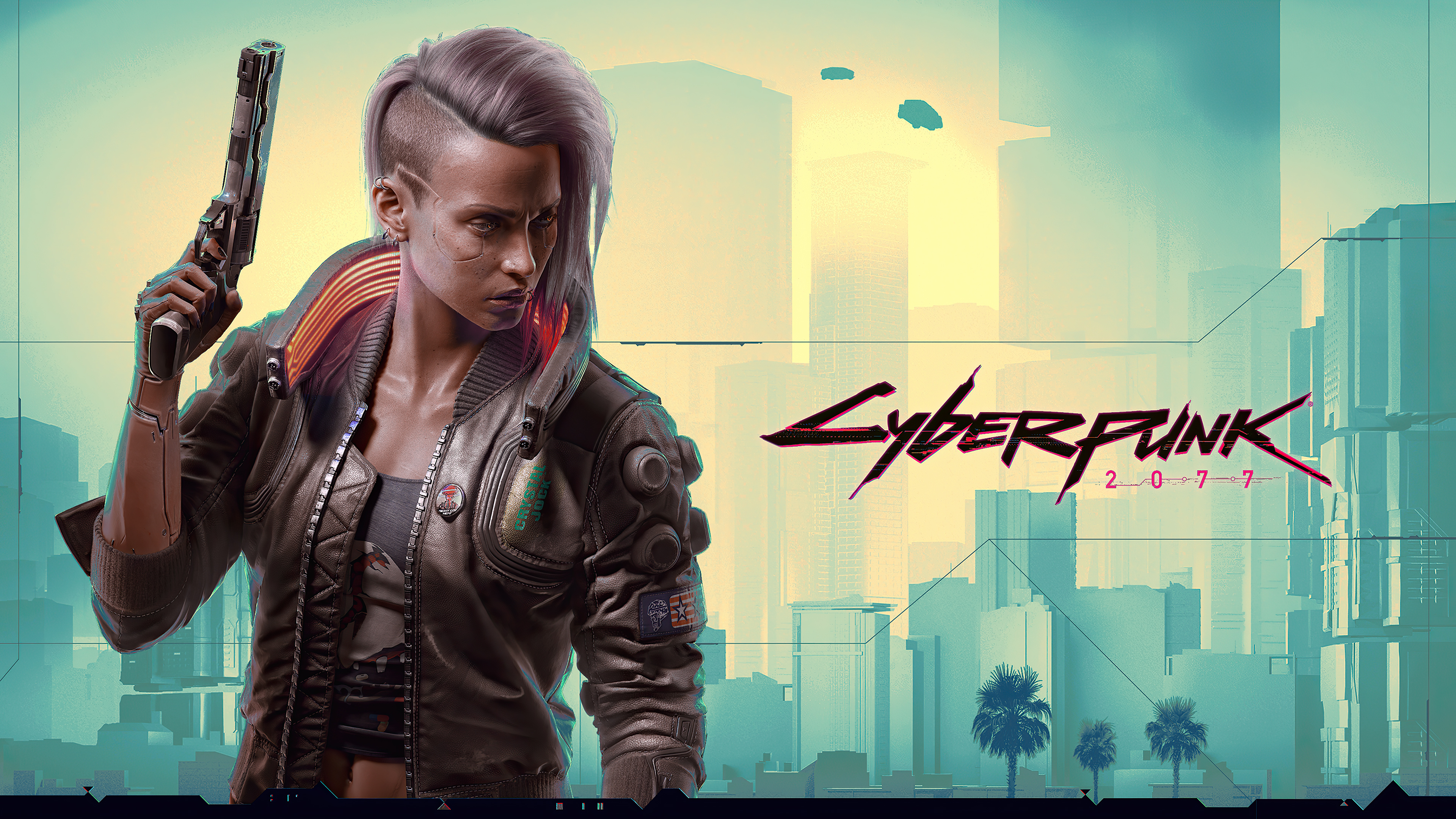 A cyberpunk-style woman with a gun in a futuristic city, promoting the video game Cyberpunk 2077