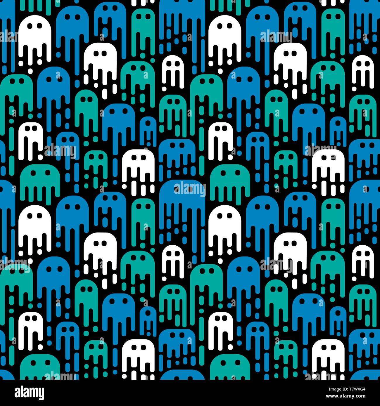 Cute cartoon ghosts on a black background Vector seamless pattern