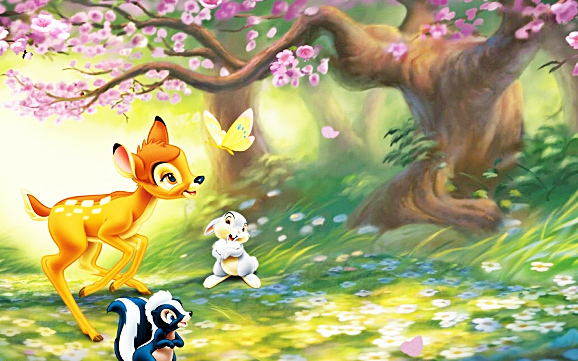 Bambi, Thumper, and Flower in a meadow under blossoming tree, Disney characters wallpaper