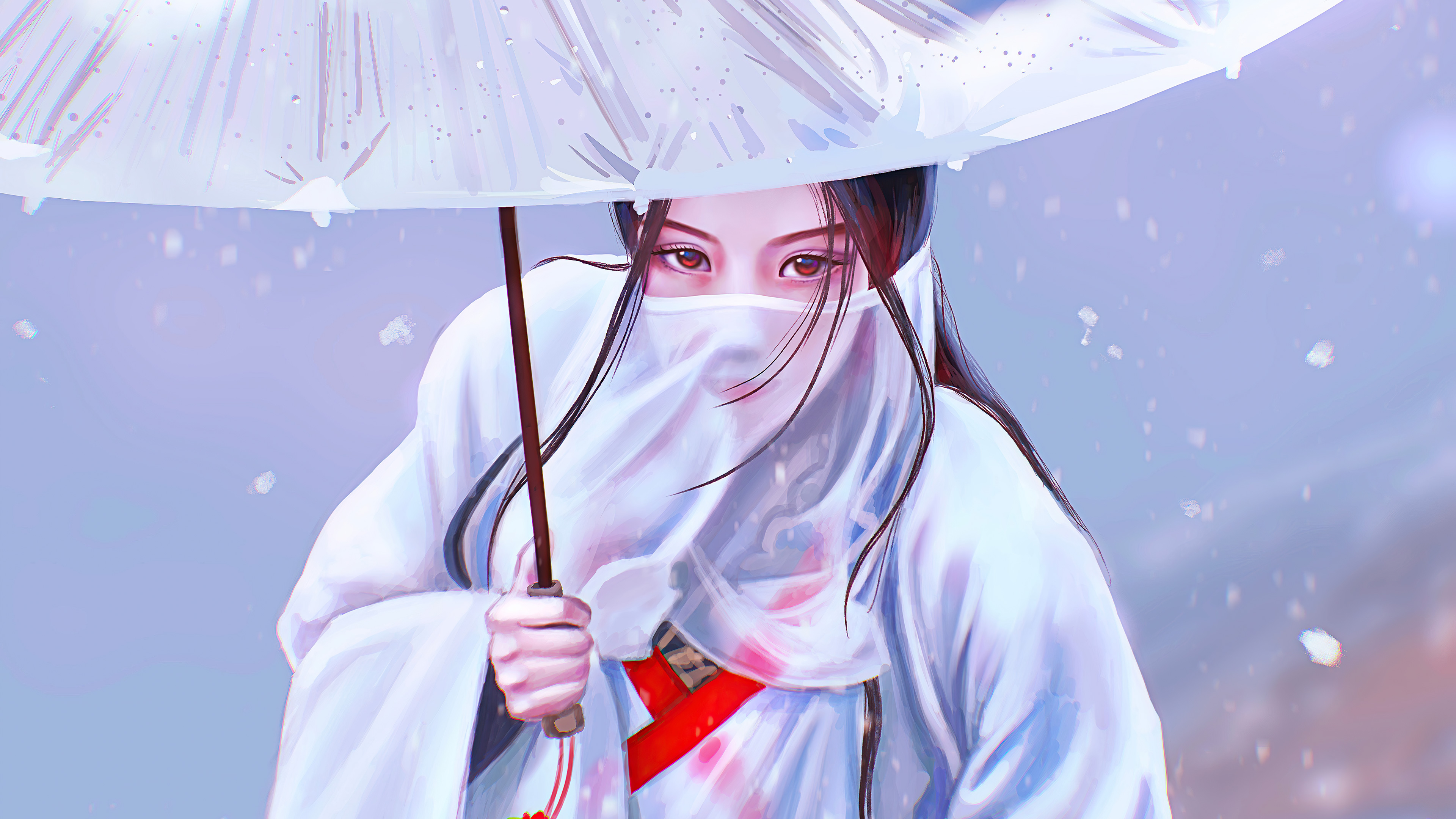Asian Girl Face Covered Umbrella Digital Art Wallpaper HD Artist