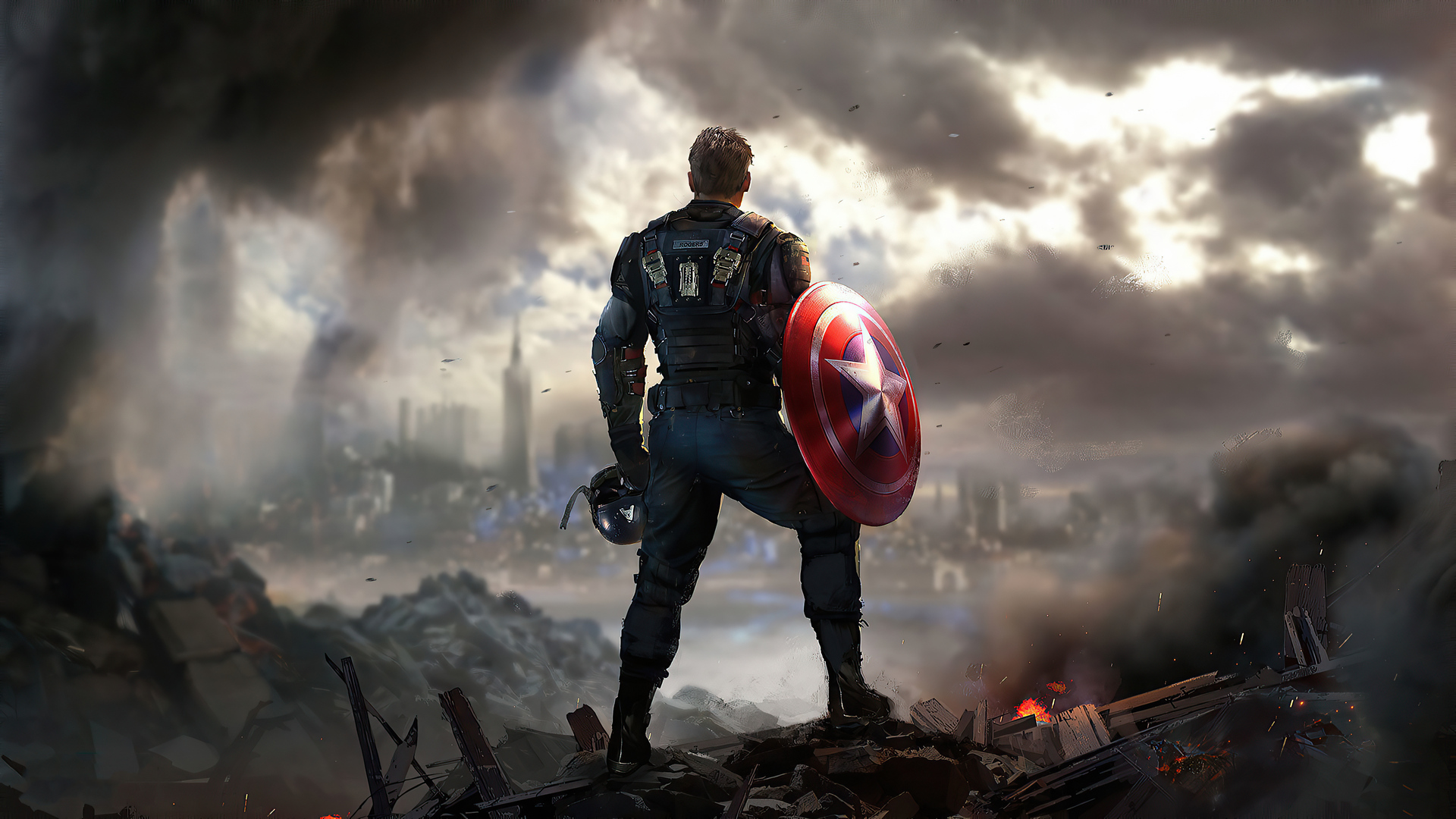 Captain America stands amidst a ruined cityscape, his back to the viewer, holding his shield and helmet, in a dramatic Marvel scene