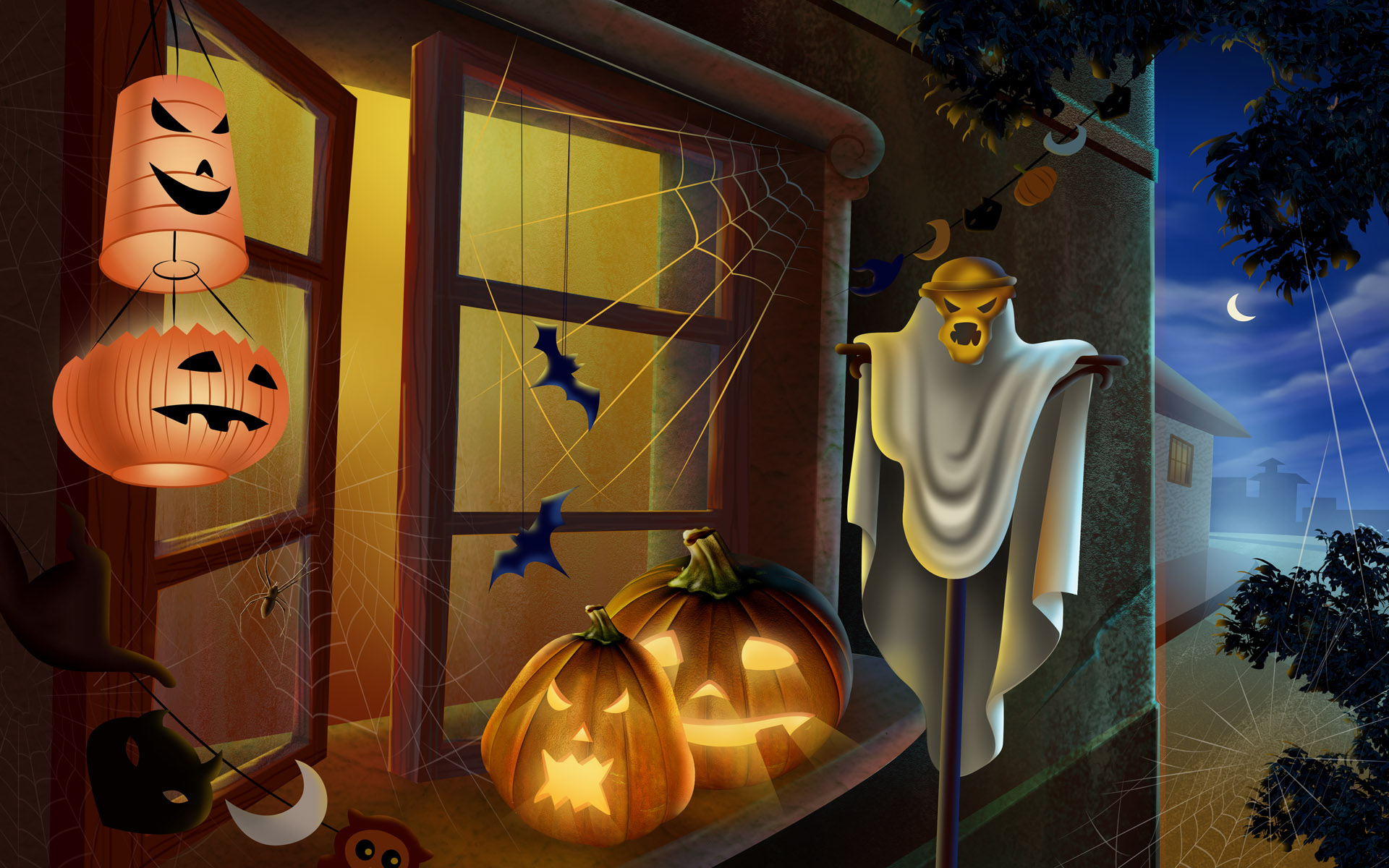 Scary Halloween 2012 HD Wallpapers Pumpkins Witches Spider Web 1920x1200