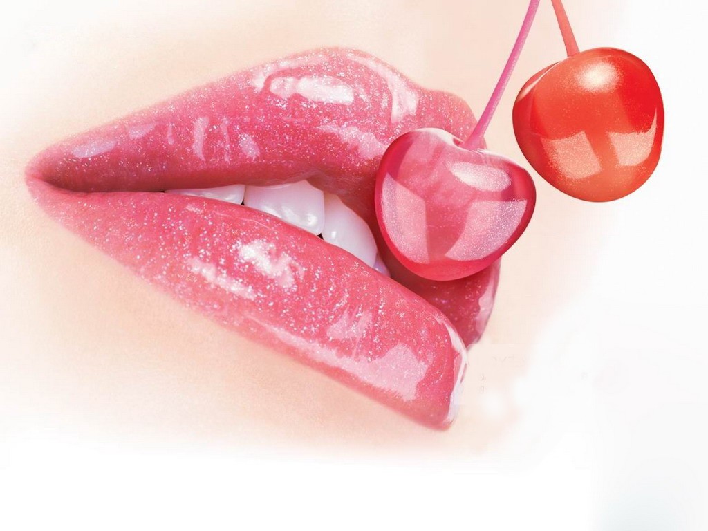 Pink Lips With Cherries Photo