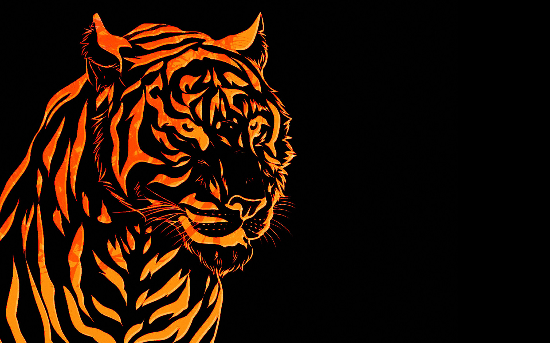 A striking illustration of a tiger's head and shoulders against a black background. The tiger's fur is rendered in shades of orange and black, creating a vibrant yet mysterious effect