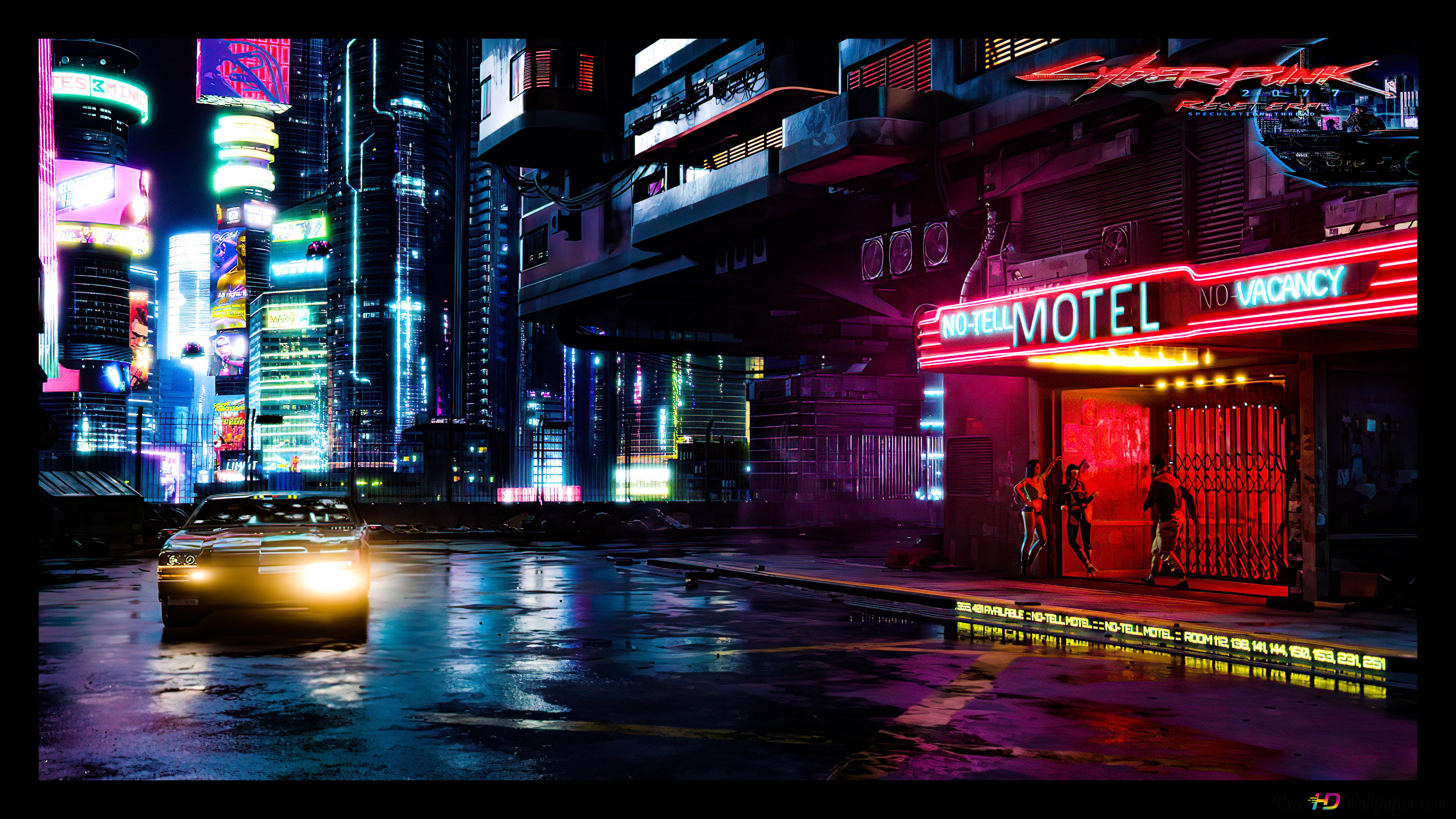 A cyberpunk cityscape at night, with neon signs, a futuristic car, and a motel with a 