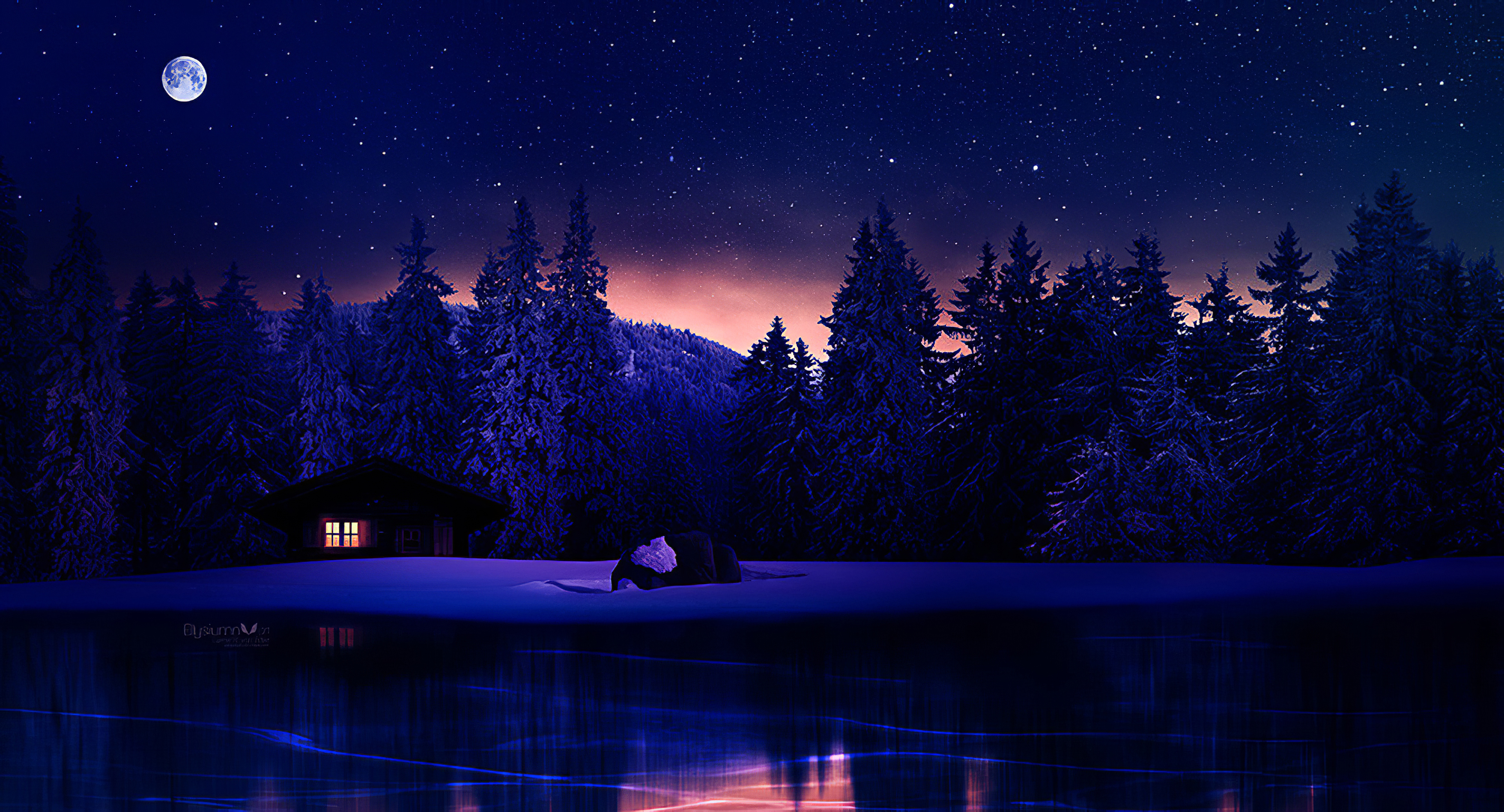 A serene winter landscape at night, featuring a snow-covered cabin nestled among frosted pine trees by a frozen lake, under a starry sky with a bright moon