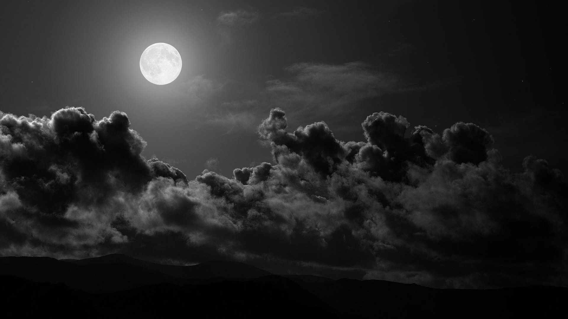 Moon Clouds Sky Black And White Wallpaper Background Full HD 1080p