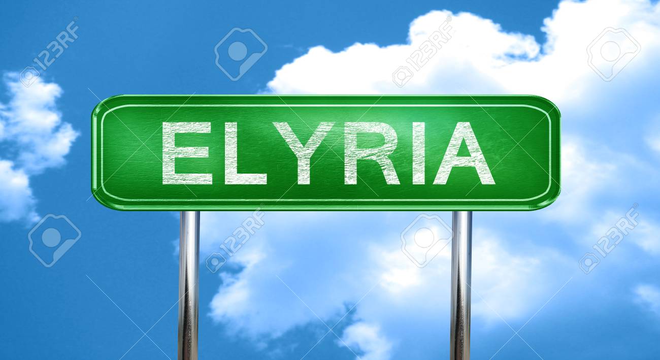 Elyria City Green Road Sign On A Blue Background Stock Photo