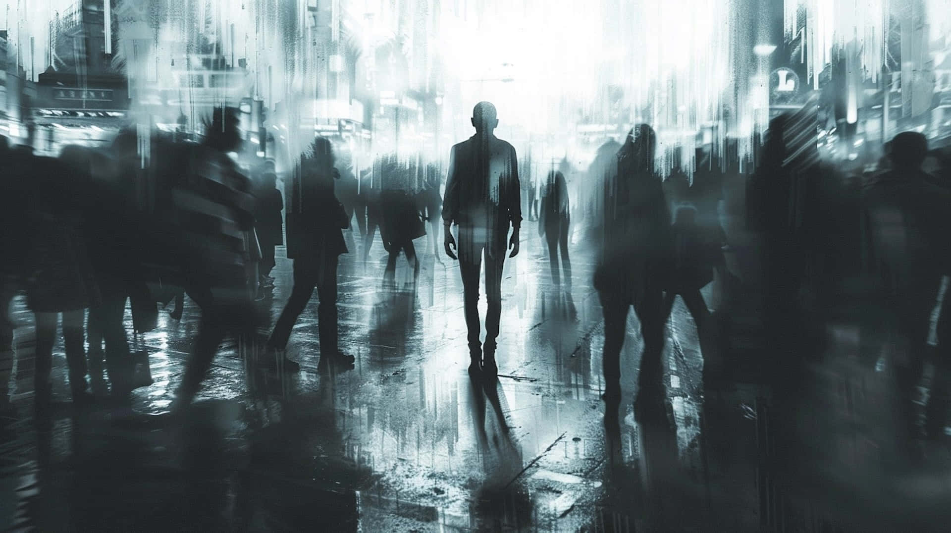 Lonely Figure Amidst Crowd Blurred Rainy Cityscape Wallpaper