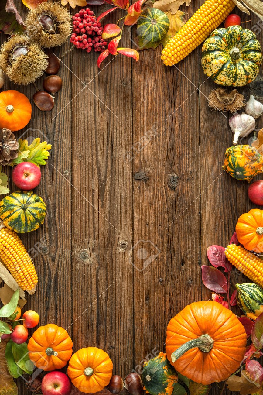 Harvest Or Thanksgiving Background With Autumnal Fruits And Gourds
