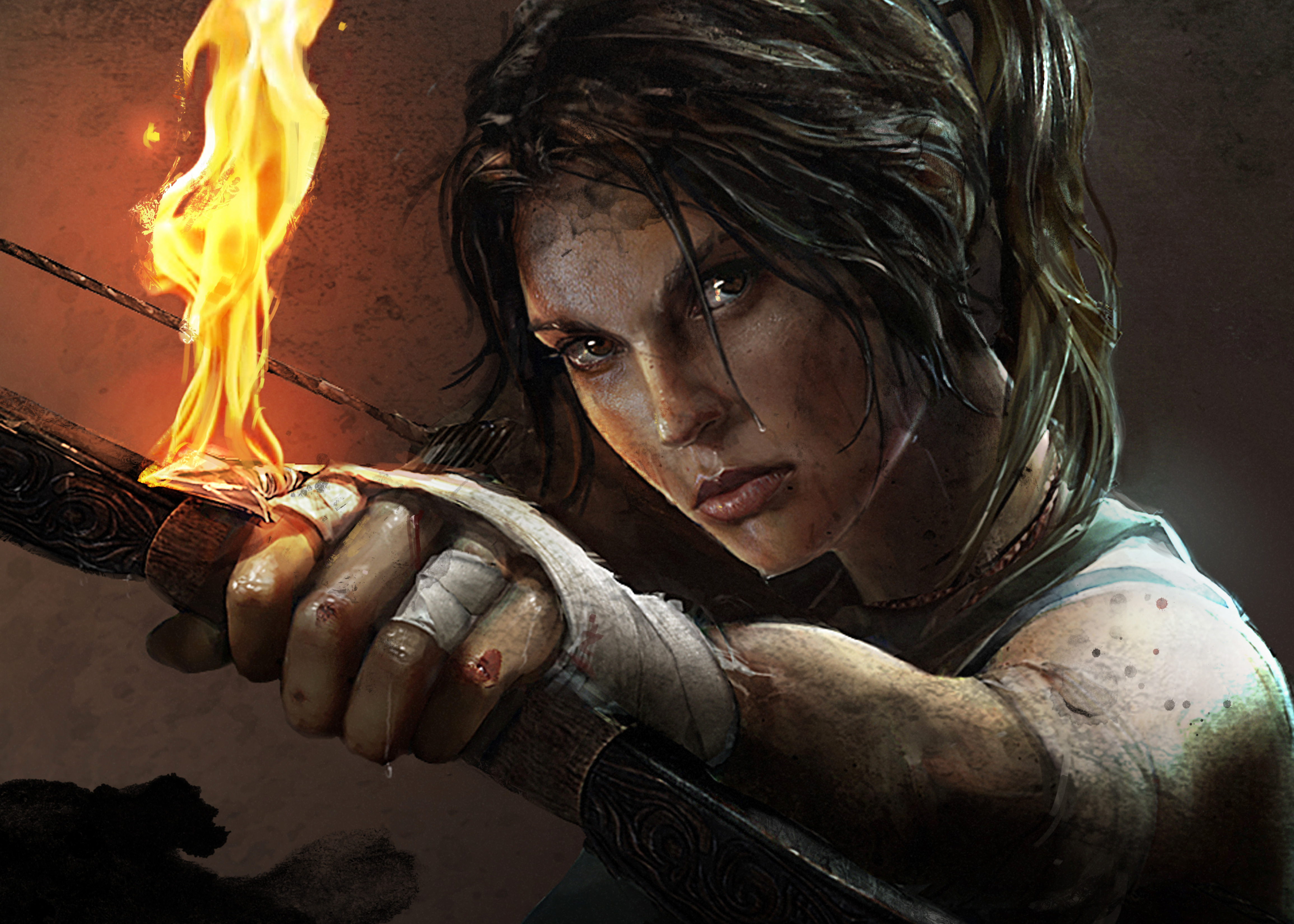 Lara Croft aiming a flaming arrow in Tomb Raider