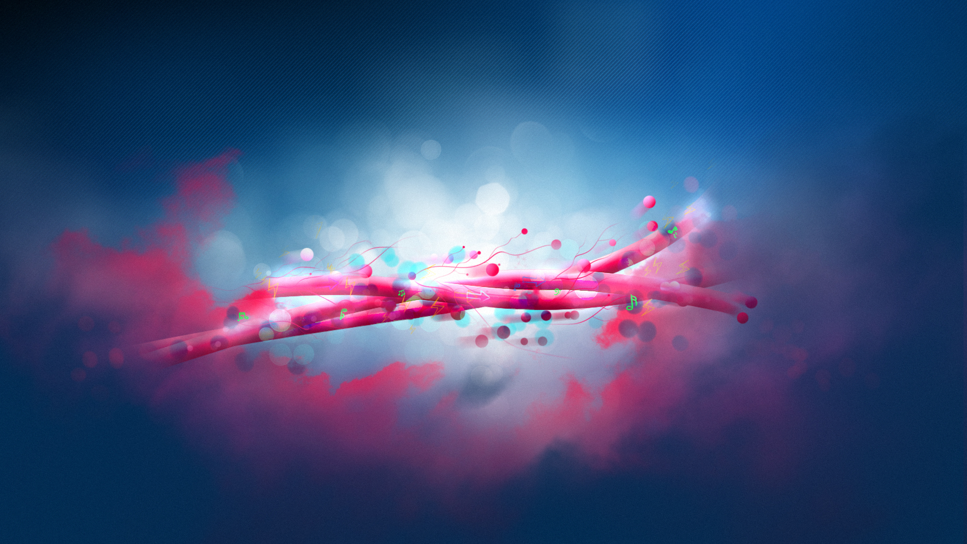 Abstract computer background with vibrant pink and blue colors, featuring dynamic lines, glowing orbs, and a sense of movement and energy