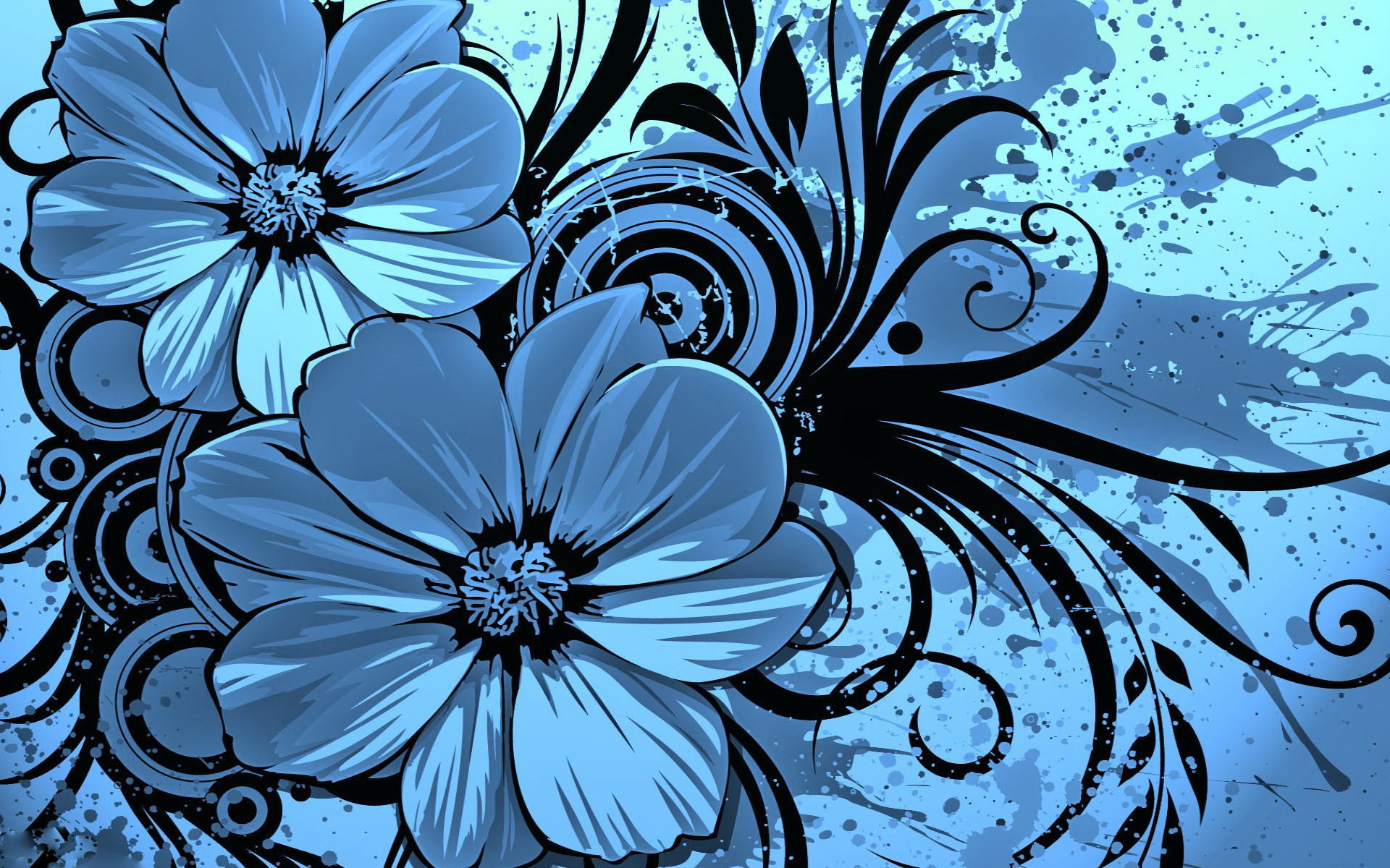Blue Flowers And Swirls Wallpaper