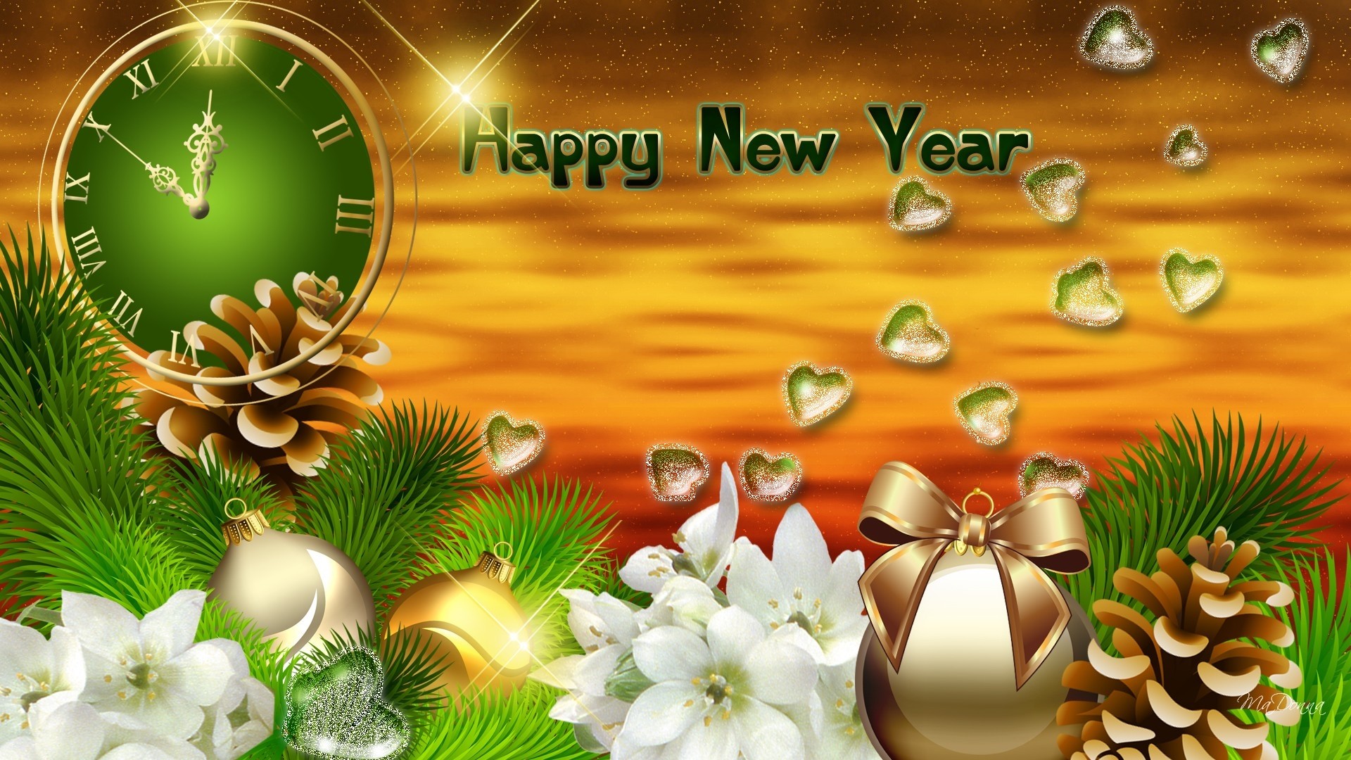 A festive New Year's image with a clock, ornaments, pine cones, and white flowers against a warm orange background