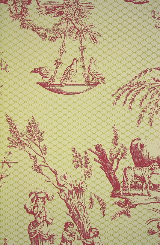 Wallpaper A Toile Depicting Rural Scene In Red On Yellow