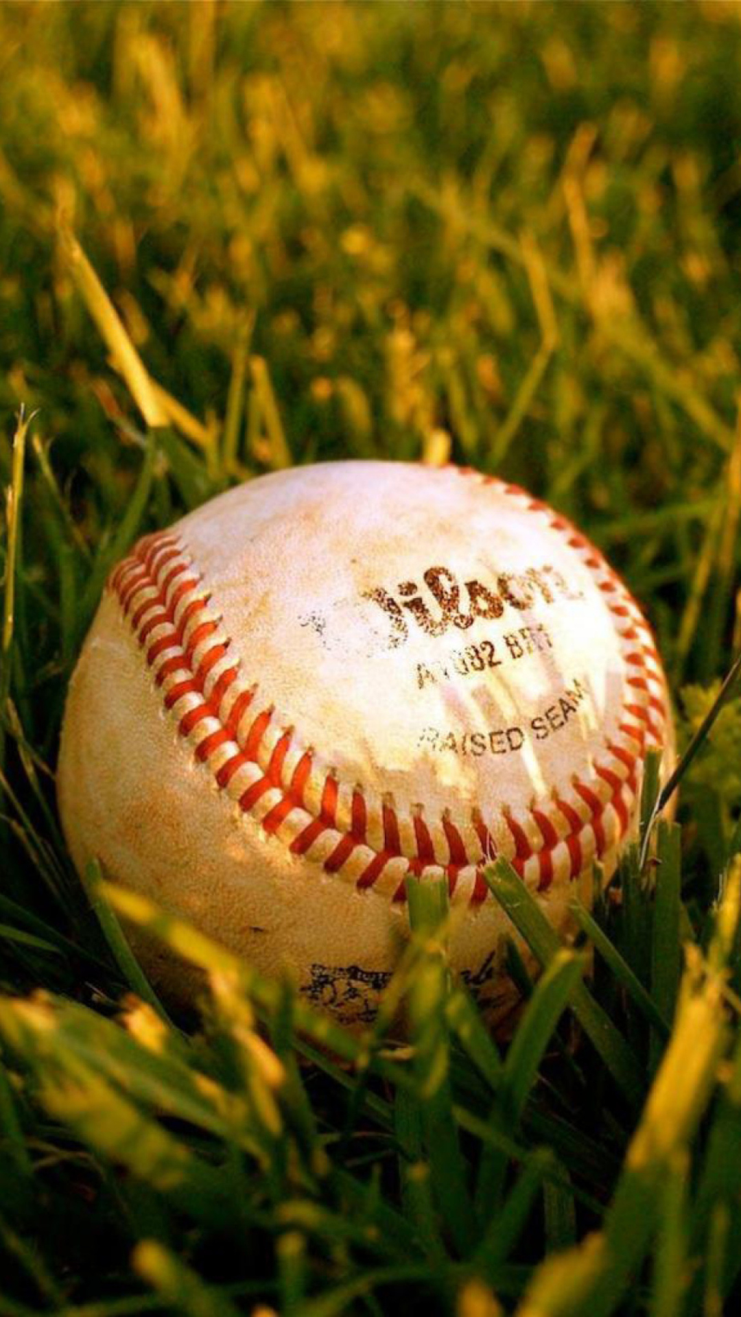 A close-up of a worn baseball nestled in the grass, capturing the essence of America's pastime