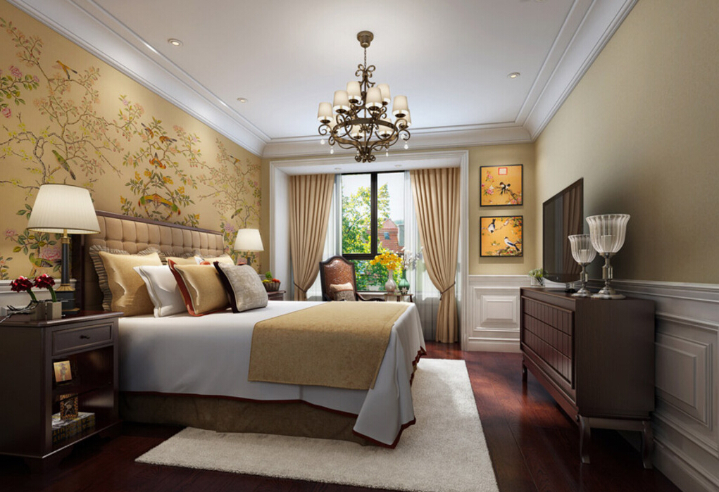 Chinese Bedroom Wallpaper And Solid Wood Furniture