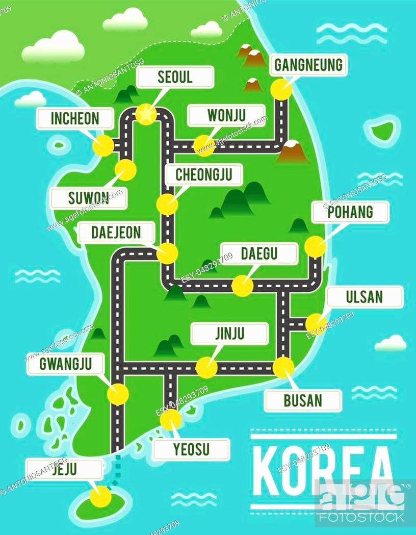 Cartoon vector map of South Korea Travel illustration with south