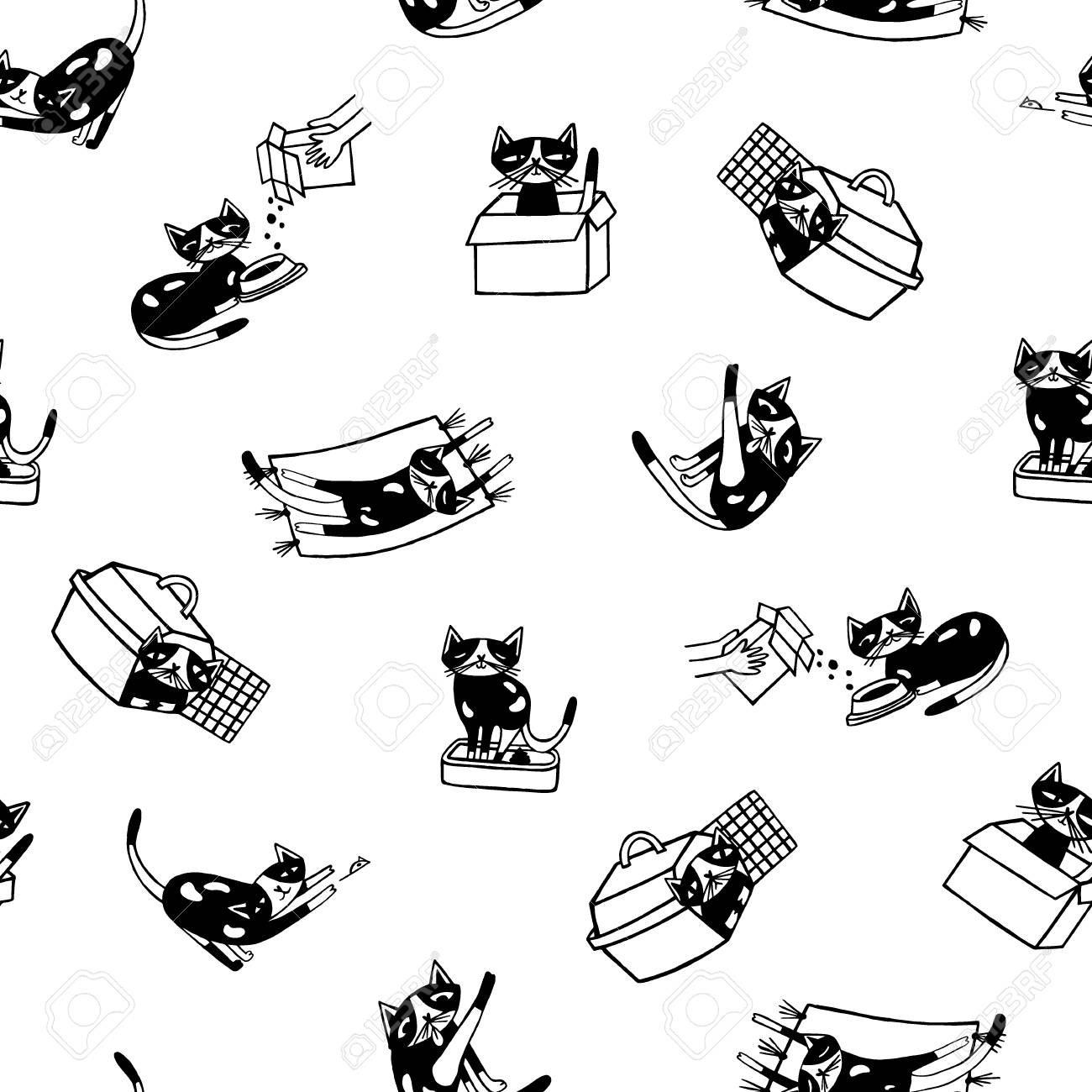 Seamless Pattern With Funny Cat Hand Drawn In Black And White