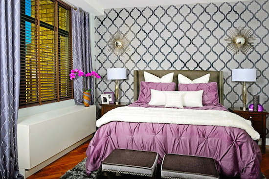 Condo Bedroom Accent Wall Purple Silver Colors Trellis Wallpaper
