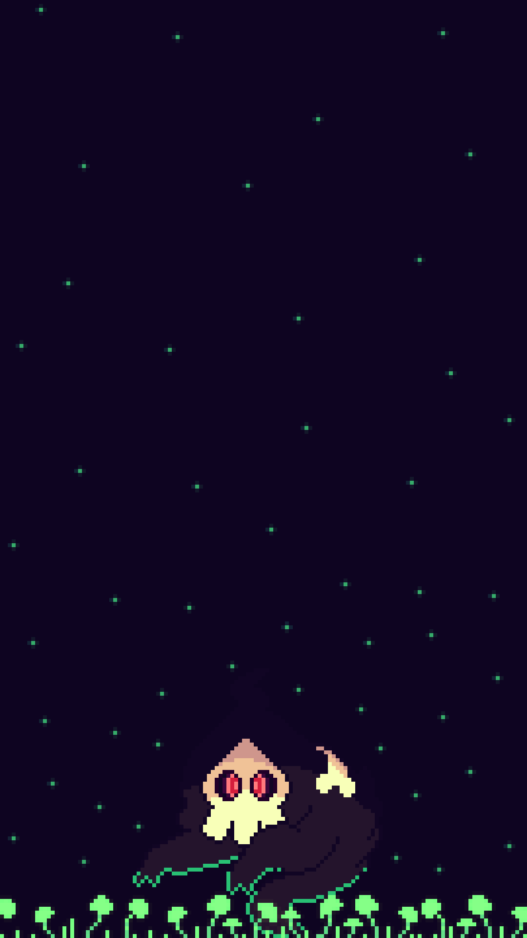 Pixel art of a Pokemon-like creature in a dark field under a starry night sky. The creature has glowing red eyes and a skull-like face