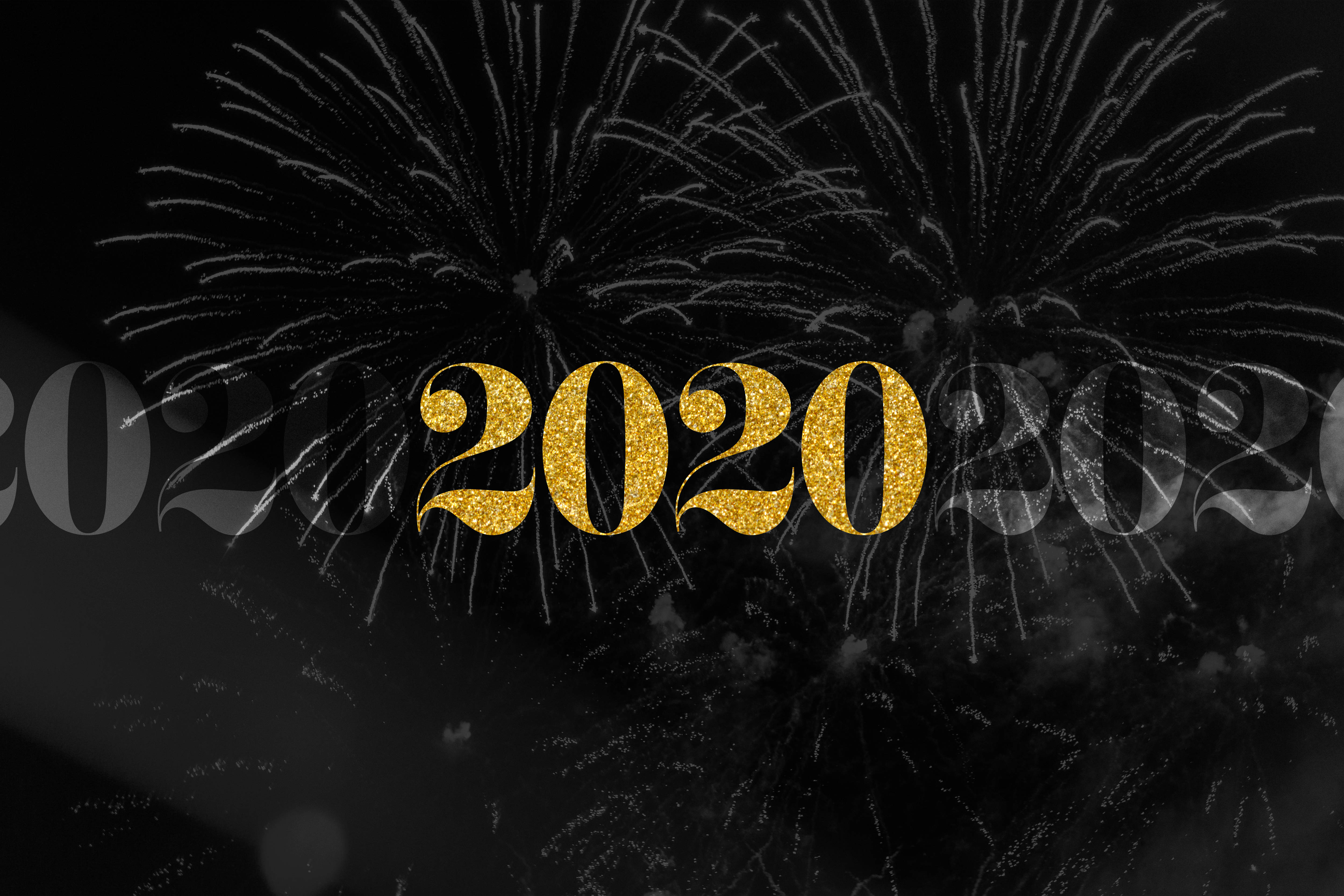 Black and gold New Year's Eve phone wallpaper with fireworks and the year 2020
