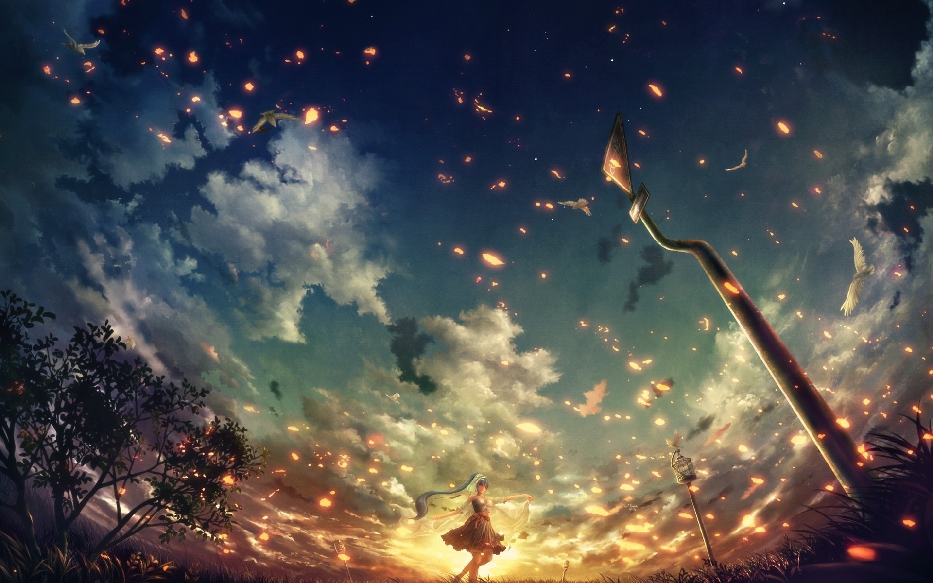 Anime girl dancing under a sky filled with glowing embers and birds at sunset