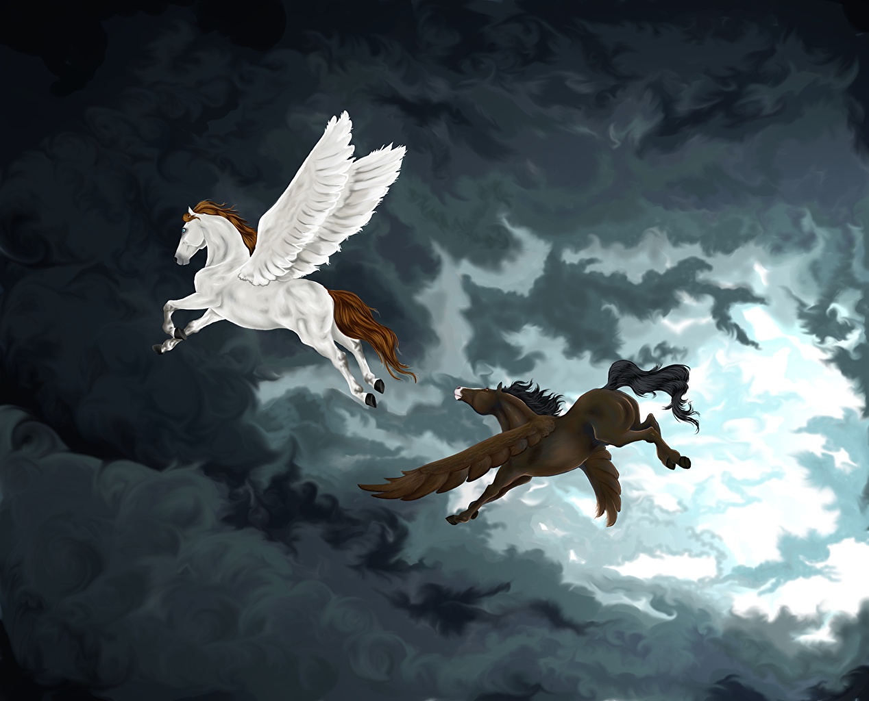 Wallpaper Horses Pegasus Wings Two Fantasy Magical Animals Clouds