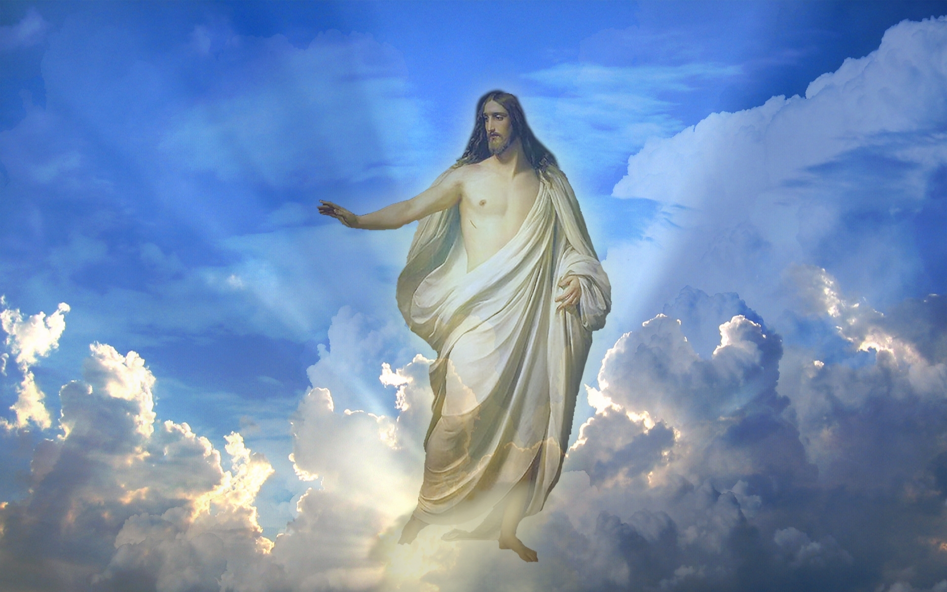 Jesus Christ ascending into heaven, surrounded by radiant light and fluffy clouds