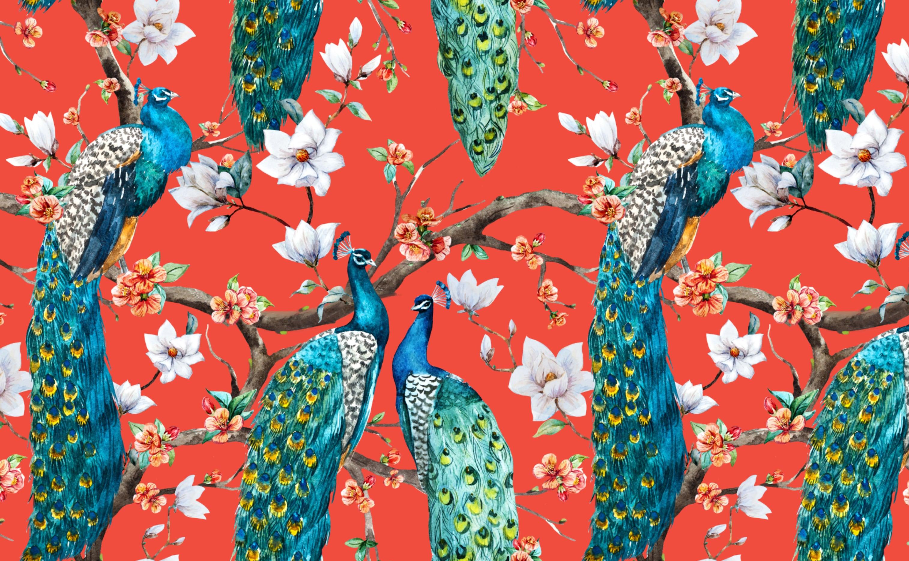 Peacocks Flowers Wallpaper For Walls Victorian On Red
