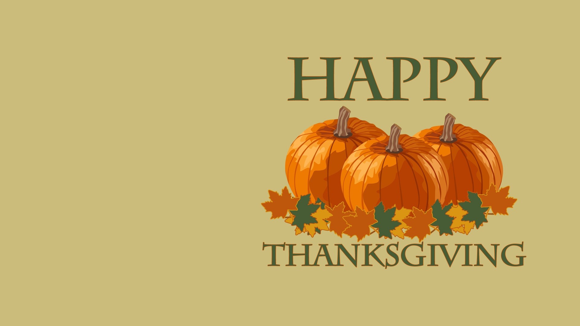Happy Thanksgiving greeting with three pumpkins and fall leaves on a beige background