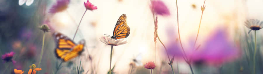 Two monarch butterflies perched on delicate wildflowers in a sunlit meadow