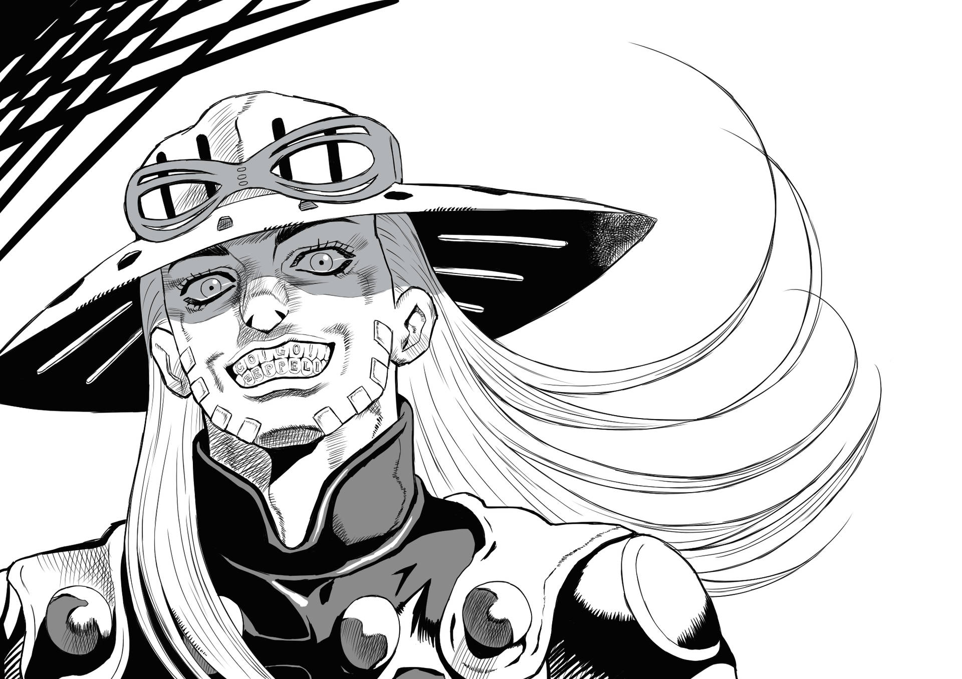 A striking black and white illustration of Gyro Zeppeli from JoJo's Bizarre Adventure, featuring his wide-brimmed hat, goggles, long flowing hair, and distinctive stitched grin