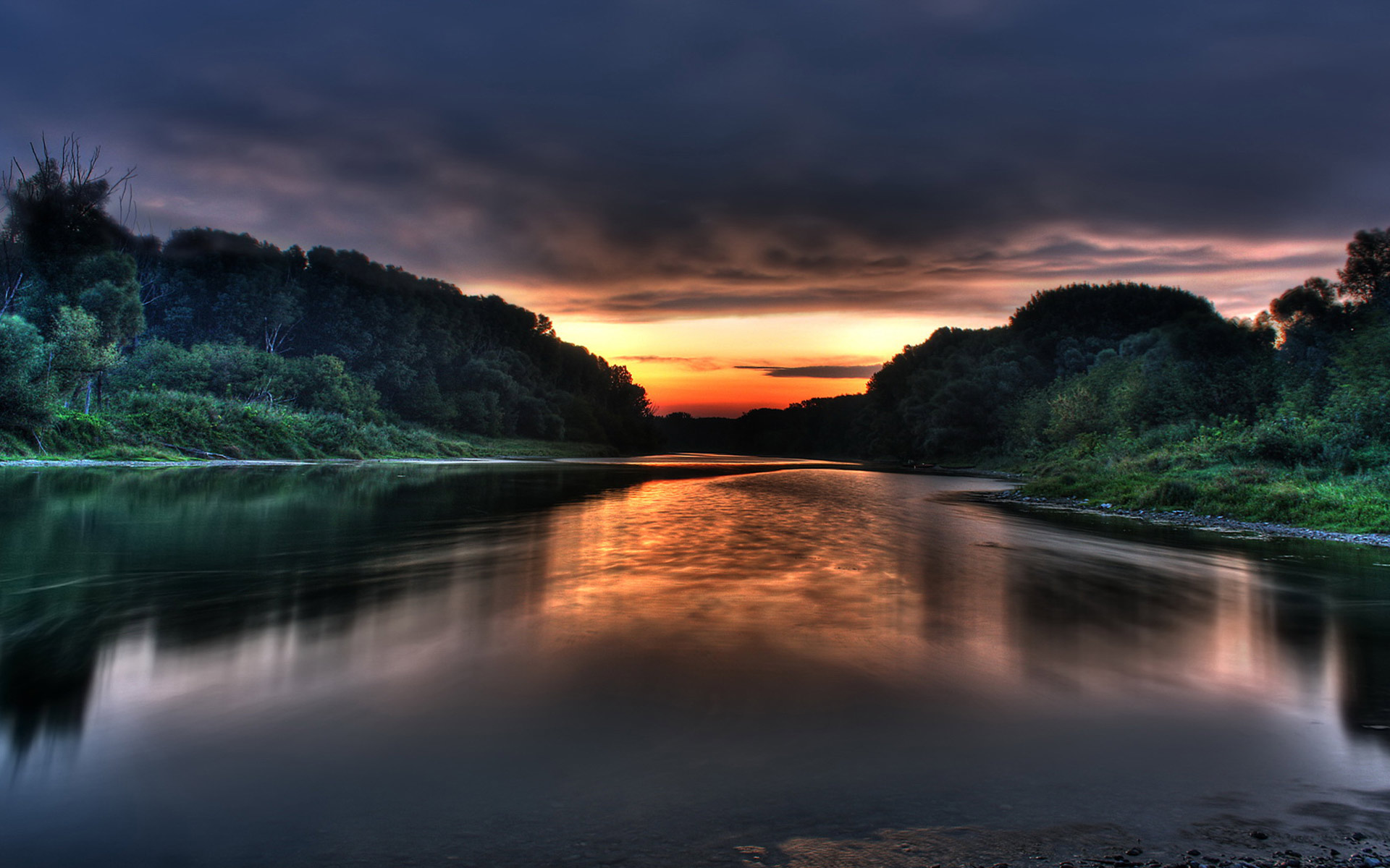 Serene Sunset River Landscape Free Desktop Wallpaper