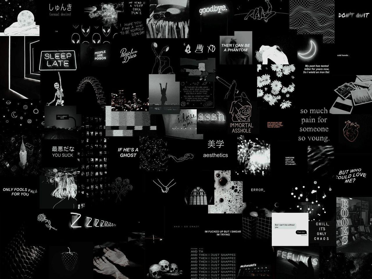 A collage of black and white images and text representing a dark aesthetic