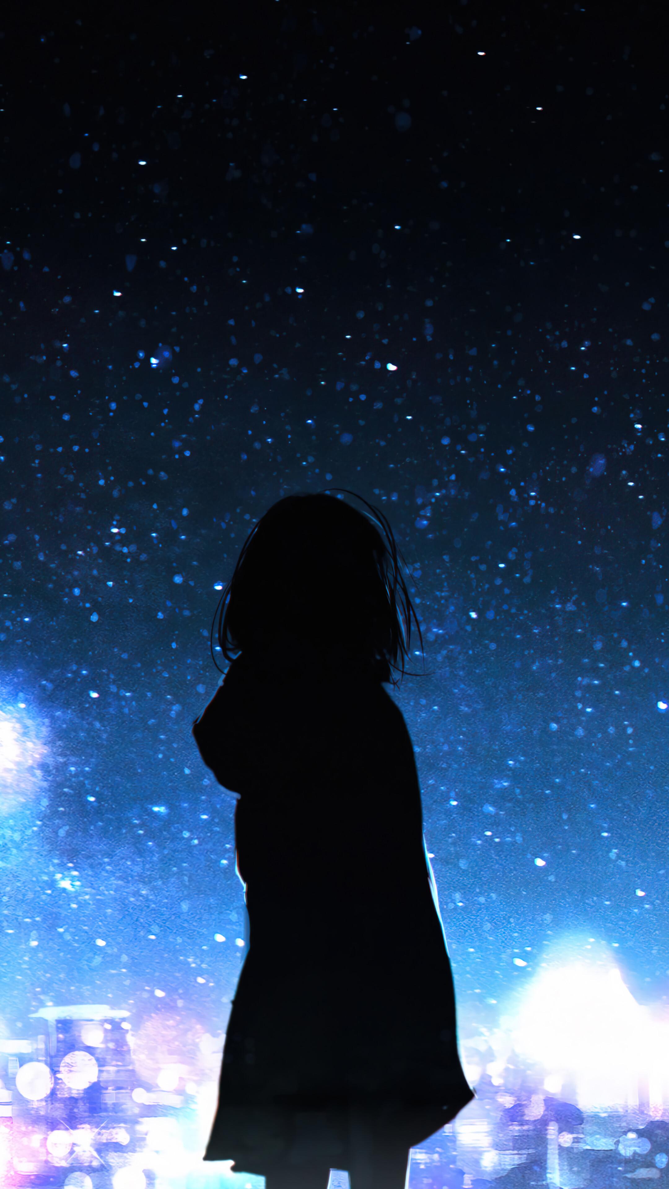 Anime Girl Silhouette City Night Sky 4K Wallpaper iPhone HD Phone