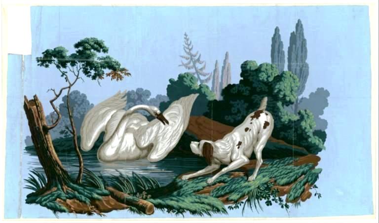 And Cie Hand Painted Wall Paper French Dog Barking At Swan