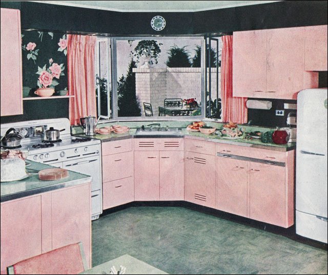 1949 Mid Century Kitchen Design in Pink and Green   1940s kitchen