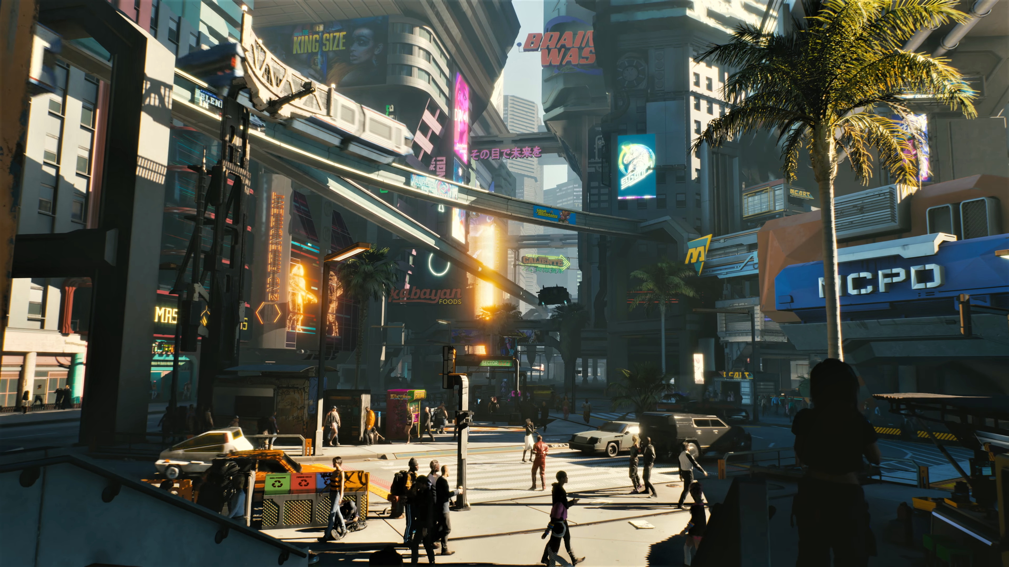 A vibrant cyberpunk city street scene with towering buildings, neon signs, elevated trains, and pedestrians, bathed in the warm glow of the sun