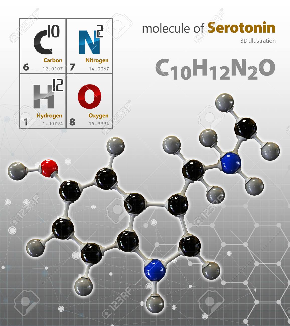 3d Illustration Of Serotonin Molecule Isolated Grey Background