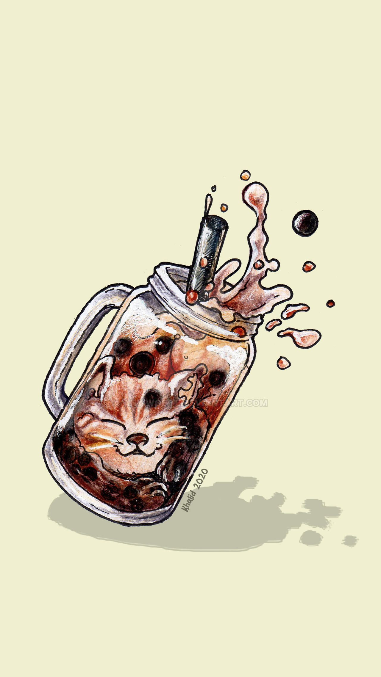 Whimsical illustration of a cat inside a mason jar filled with boba tea, splashing playfully