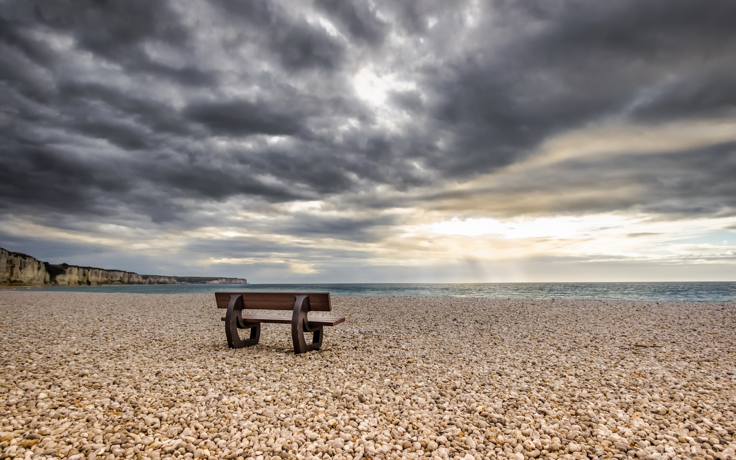 Wallpaper Sea Beach Stones Bench Clouds HD Picture