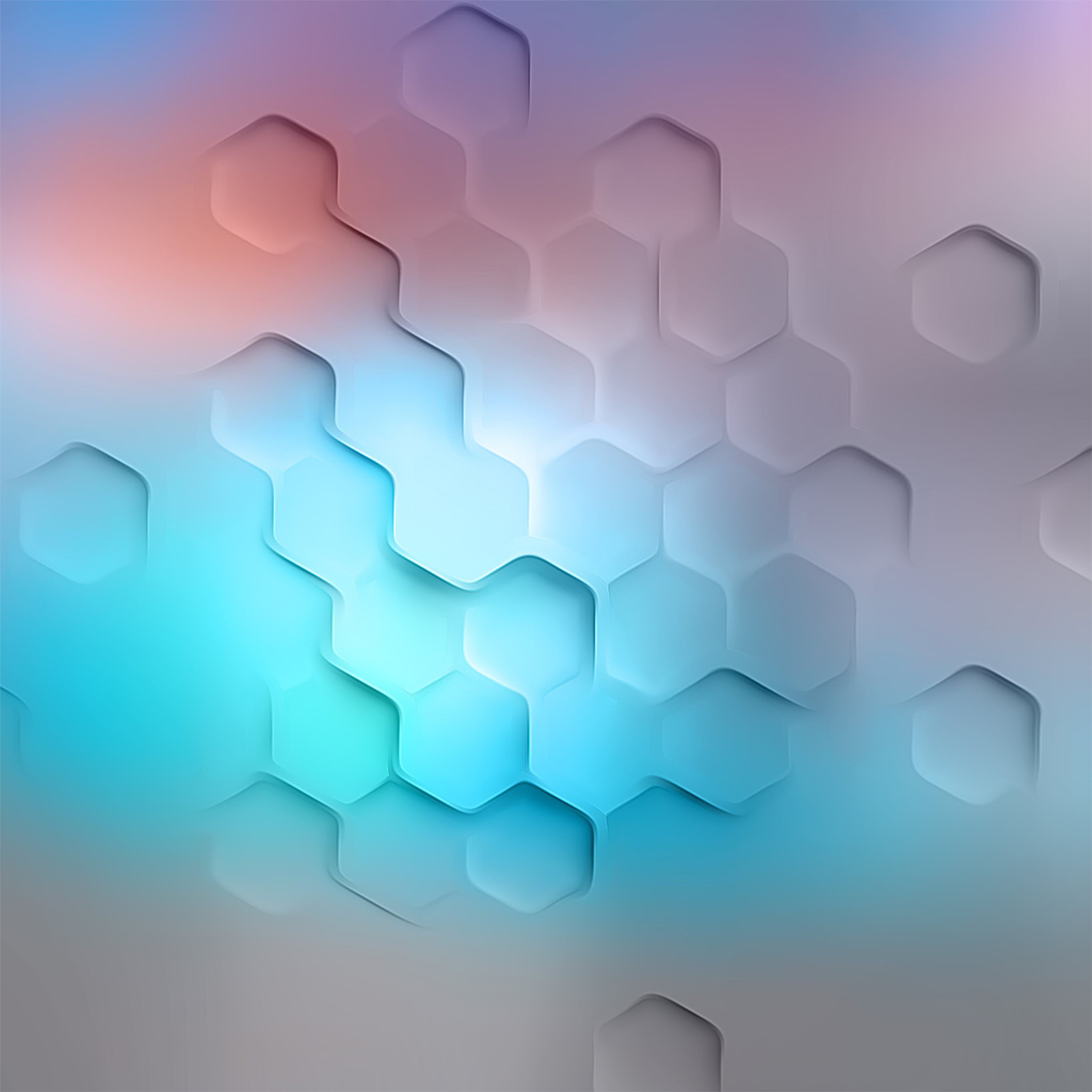 Abstract 4K iPad wallpaper with a futuristic design of glowing hexagons in blue and pink on a soft gradient background