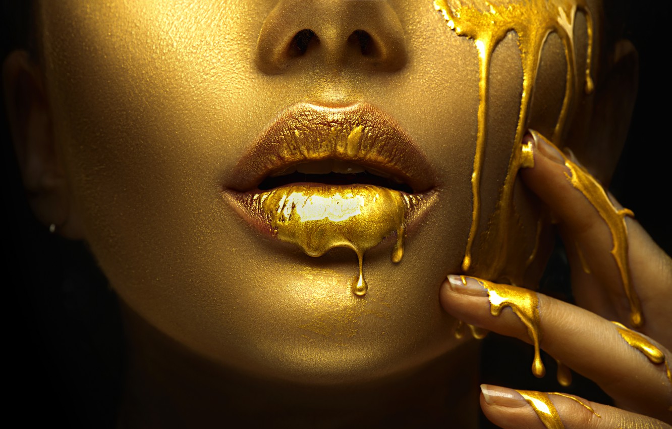 Wallpaper Golden Lips Fingers Makeup Image For Desktop