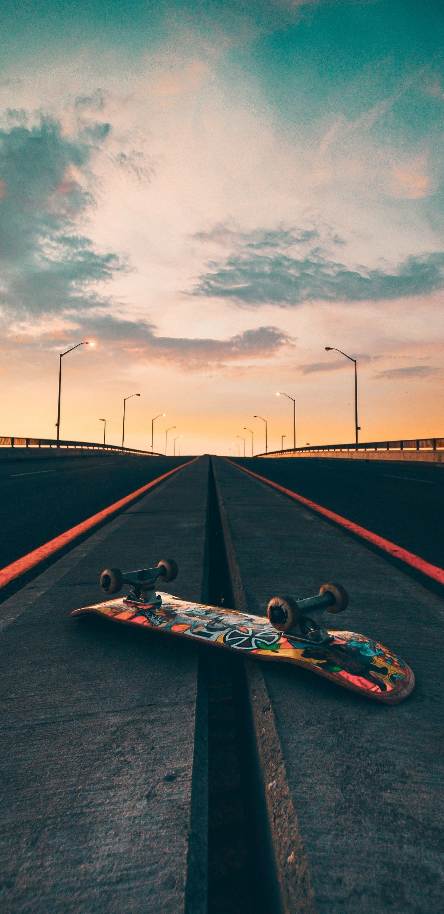 Wallpaper Skateboard Road Marks Sunset