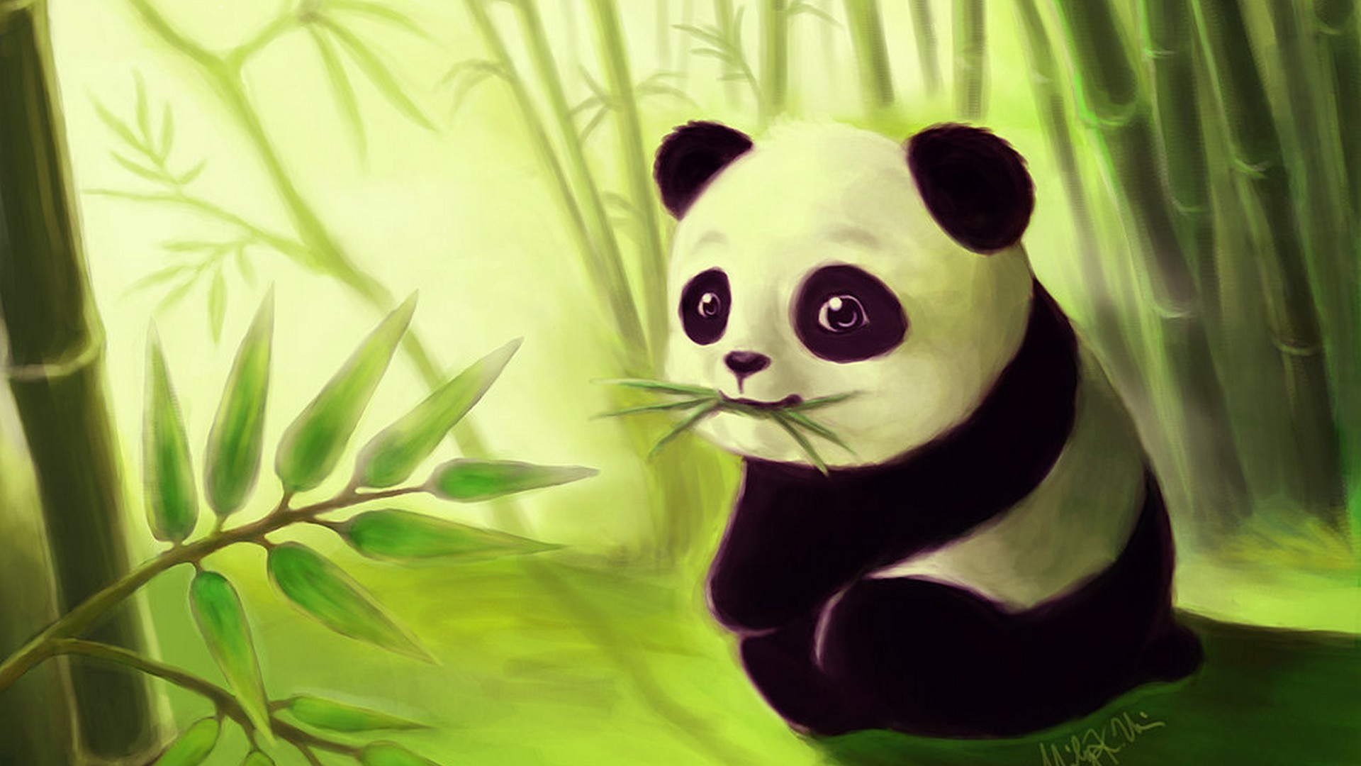 A cute baby panda sits contentedly amidst a lush bamboo forest, munching on fresh bamboo leaves